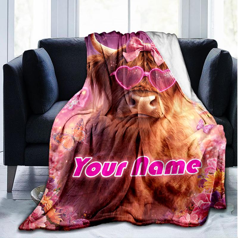 1PC Custom Name Pink Cow Bow outdooor Flannel blankets Patterns Throw Blanket All-Season Soft Gift for Couch, Bed, Camping gifts