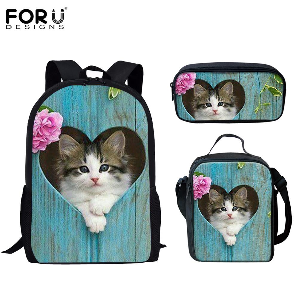 Klassiek Populair Schattig Kattenpatroon 3D Print 3 stuks/Set leerling Schooltassen Laptop Dagrugzak Rugzak Diagonale schoudertas Etui