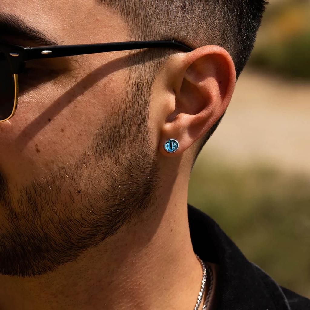 Blaues Teufelsauge Ohrstecker für Herren,Runde Ohrringe aus Edelstahl und Glas,Verzauberter Gotischer Schmuck Geschenke