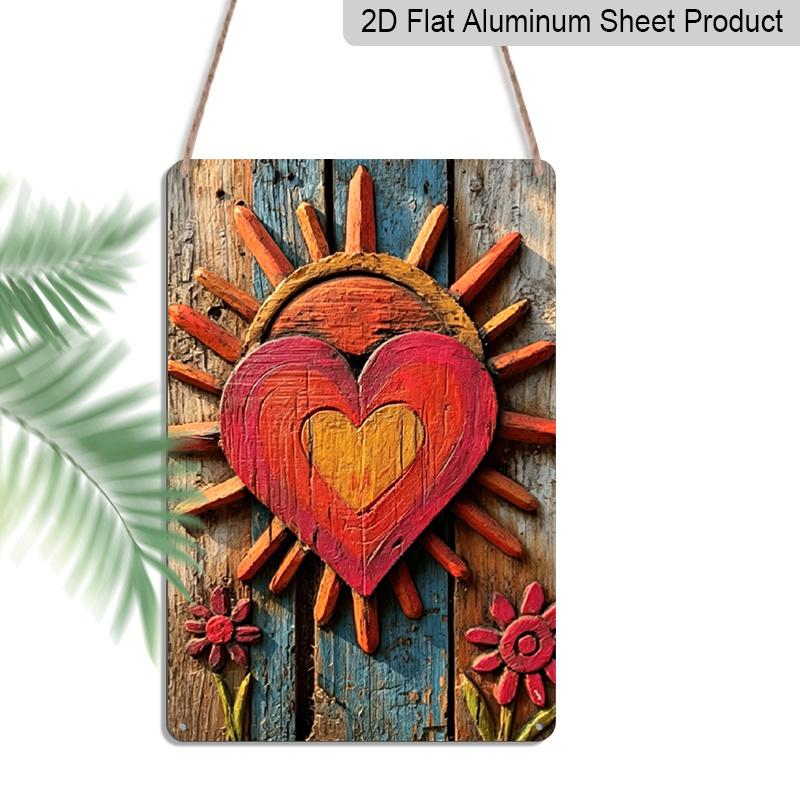 2D Flat, 1pc Vintage Bohemian Sunflower & Hippie Heart Aluminum Wall Art - Retro Farmhouse Kitchen Decor, Durable Metal Plaque for Boho Housewarming