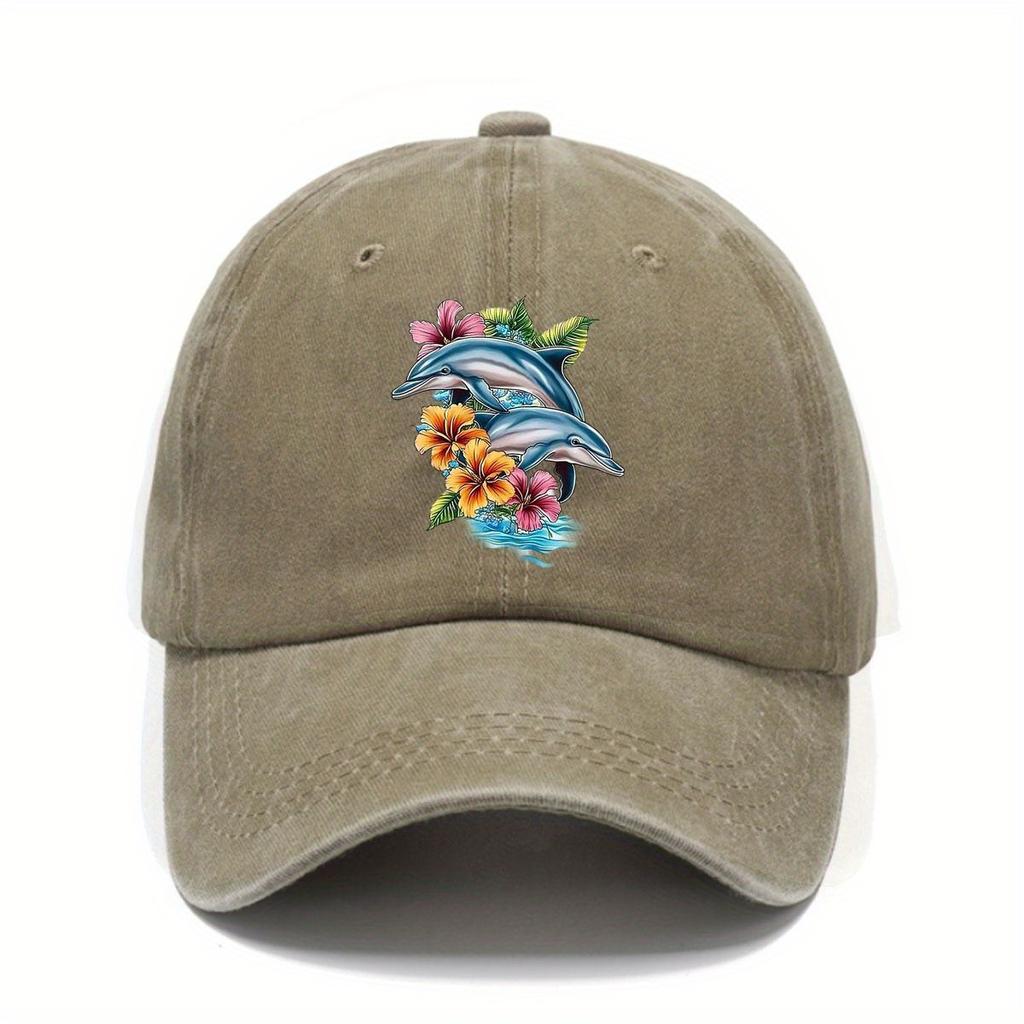 Dolphin Hibiscus Graphic Washed Baseball Cap Unisex Polyester Casual Outdoor Adjustable Hat