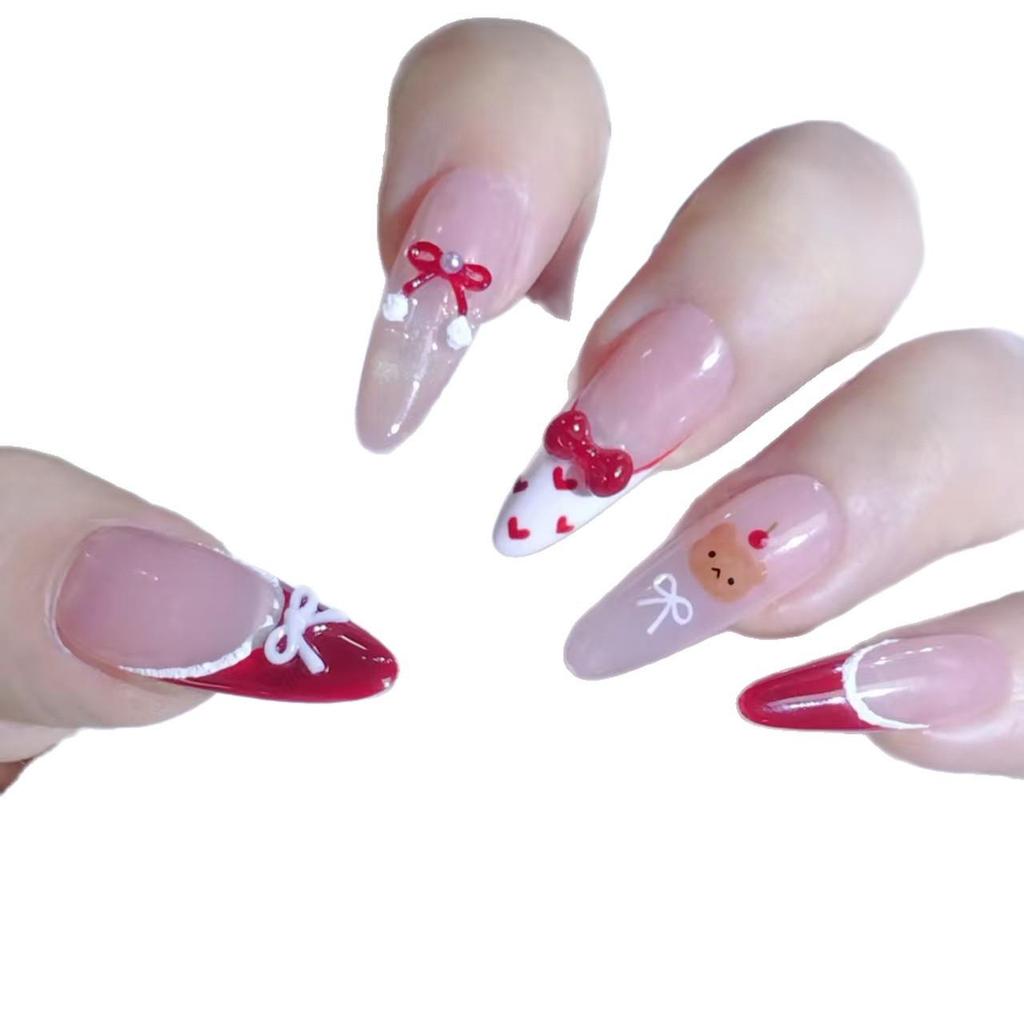 Festlicher Roter Bär Französische Schleife Handgefertigt Katzenauge Niedlich Girly Lange Nägel