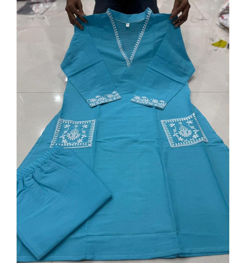 Women Designer Heavy Cotton Kurta Pant Set Embroidered Party Wear Top Tunic Kurti Dress