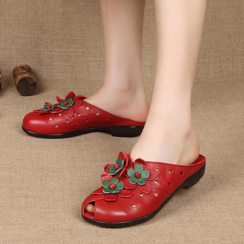 Summer Fashion Women Shoes Genuine Leather Sandals Slides Retro Flowers Closed Toe Female Loafers Flats Shoes Sandalias WSH3366