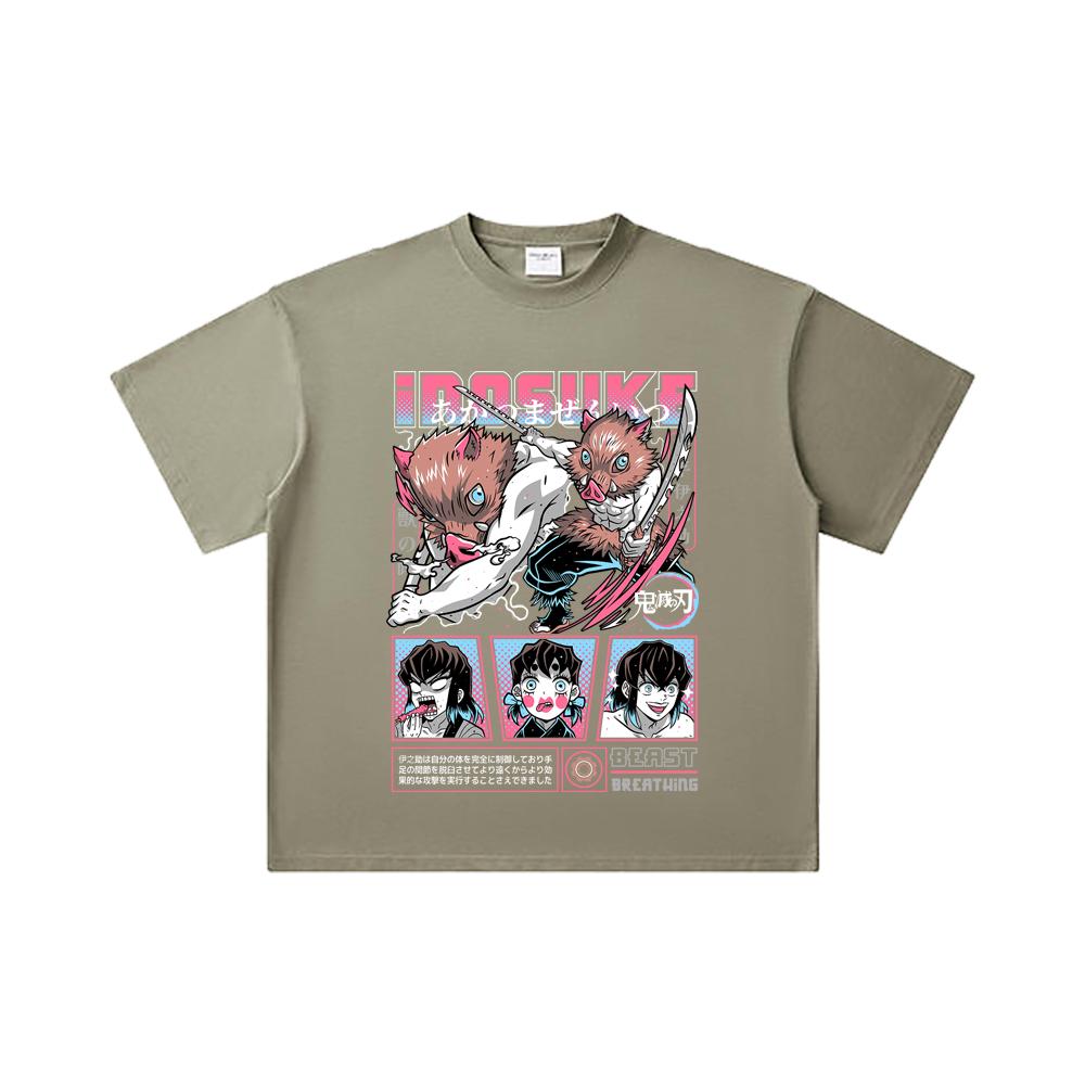 260 GSM Double Yarn 32 Count 100% Cotton Demon Slayer V28 Inosuke Print Unisex Heavy Cotton T Shirt