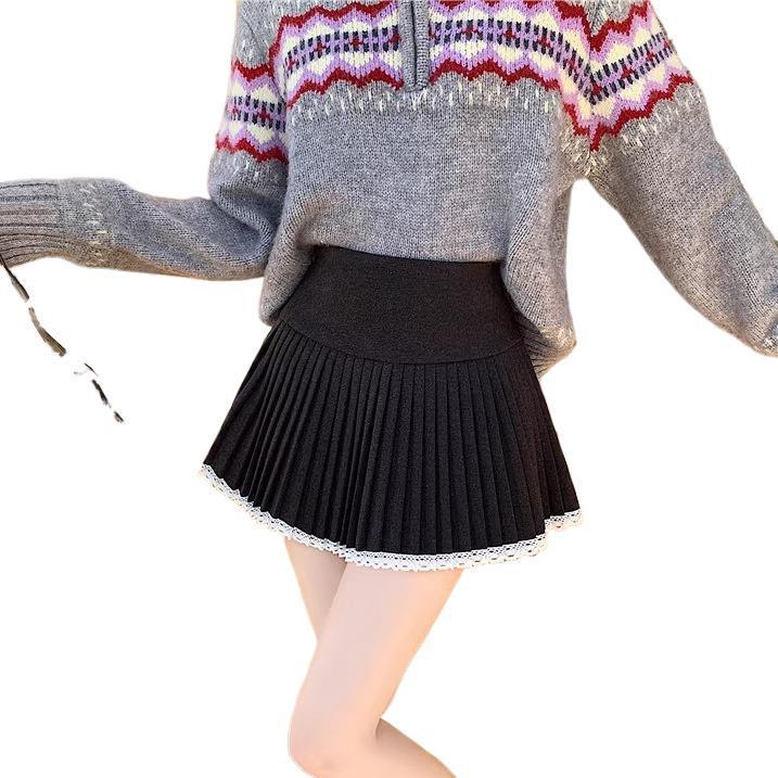 Spring Sexy Pleated Lace-Trim High Waist Woolen Skirt