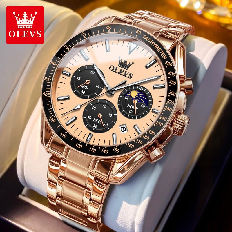 OLEVS 3618 Brand New Fashion Light Blue Quartz Watch Men Stainless Steel Waterproof Luminous Date Moon Phase Chronograph Watches Mens