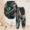 Women Plus Size Gem Heart Printed Two Piece Set Long Sleeve Hooded Top Cuffed Pants