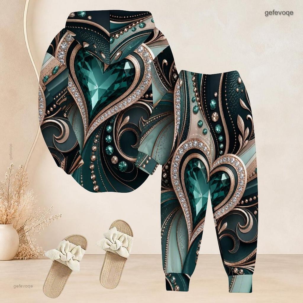 Women Plus Size Gem Heart Printed Two Piece Set Long Sleeve Hooded Top Cuffed Pants