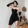 Black Gothic Off Shoulder Dresses Elegant Retro Slim Irregular Hem Women's Halter Dress with Sleeves