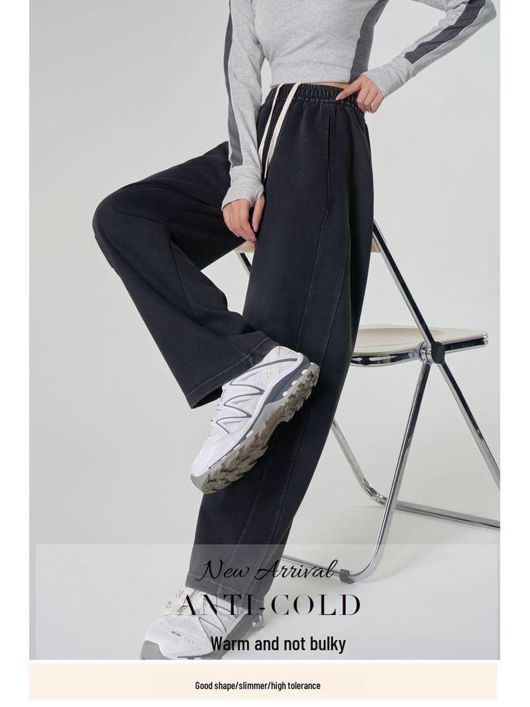 Extra Thick Black Wide-Leg Denim Women's Pants, Winter Retro Style with Plus Velvet Lining, 800g