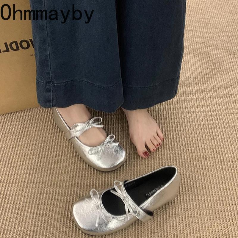 

Designer Butterfly-knot Women Silvery Mary Jane Shoes Comfort Ladies Soft Sole Dress Internal Elevation Leather Shoes 39 срібний