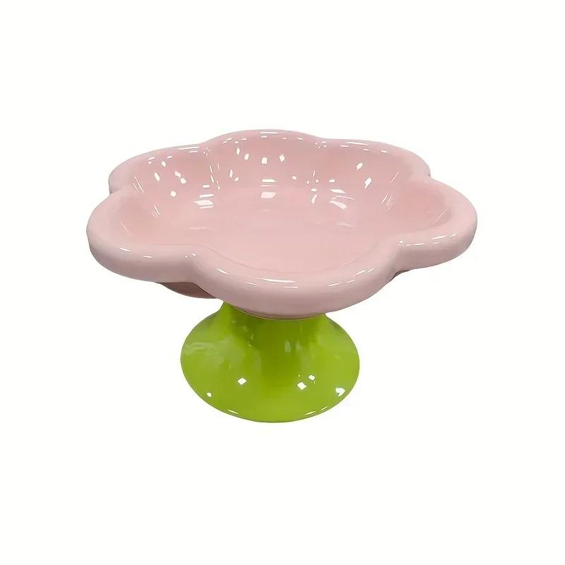 Elevated Ceramic Cat Bowl Flower Design Food Bowl High Foot Water Plate Snack Dish with Stand for Neck Protection Drinking Water