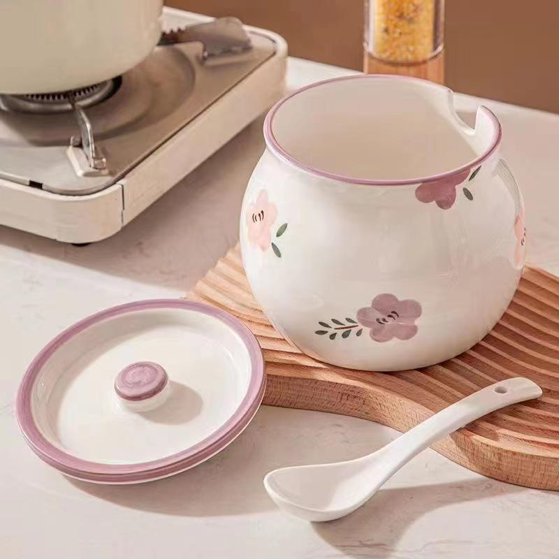 High-Temperature Resistant Ceramic Lard Jar with Lid - Zixuan Flower Design, Large Capacity for Chili Oil & Seasoning