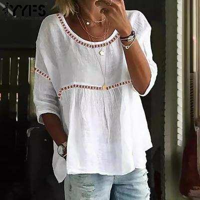 Women's Fashion Casual Summer Spring Rhombus Print 3/4 Sleeves O-Neck Blouses & Shirts