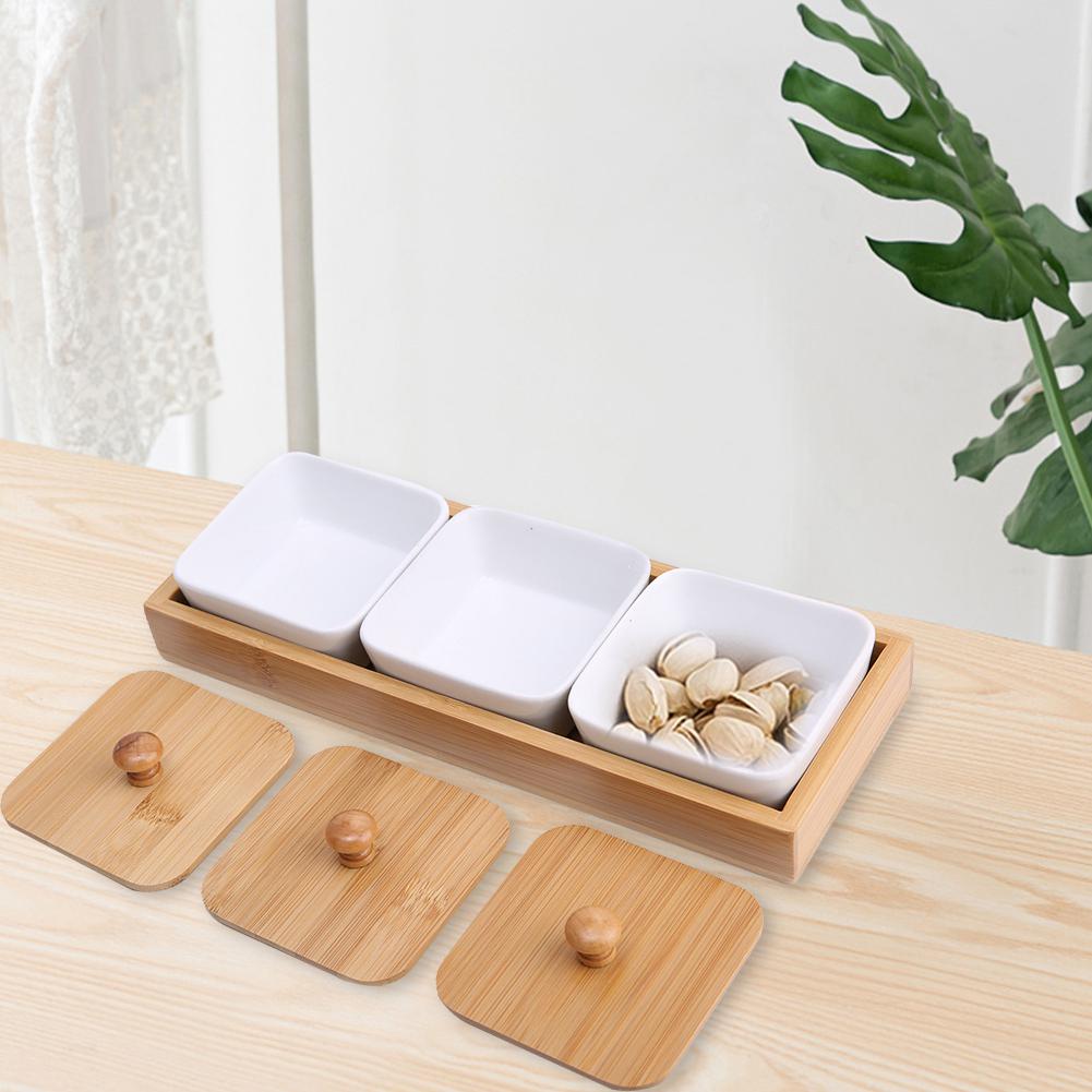 

Ceramic Appetizer Serving Plate with Bamboo Tray Cover for Fruits Nuts Desserts (3 Compartment)