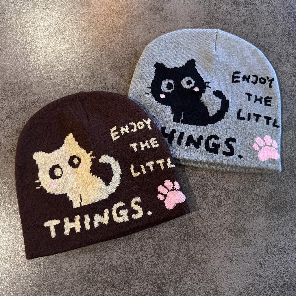 Cat Pattern Letter Embroidery High Top Knit Cap For Autumn Winter Fashion