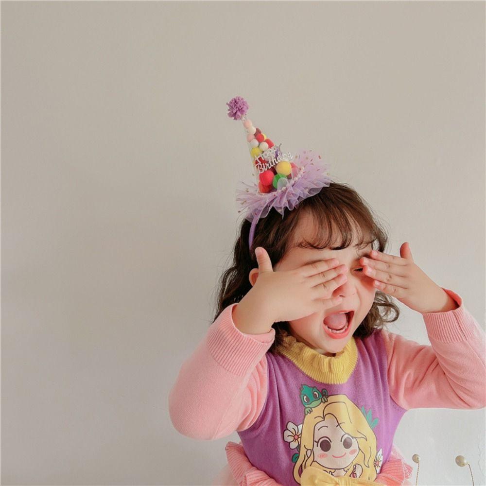 Candy Ball Happy Birthday Hairband Korean Style Lace Mesh Hair Hoop Birthday Hat Headband  Children