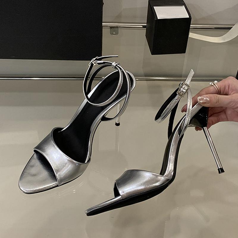 Summer Fashion Metal Thin High Heels Gladiator Sandals Women Elegant Pointed Open Toe Banquet Party Prom Shoe Woman Silver