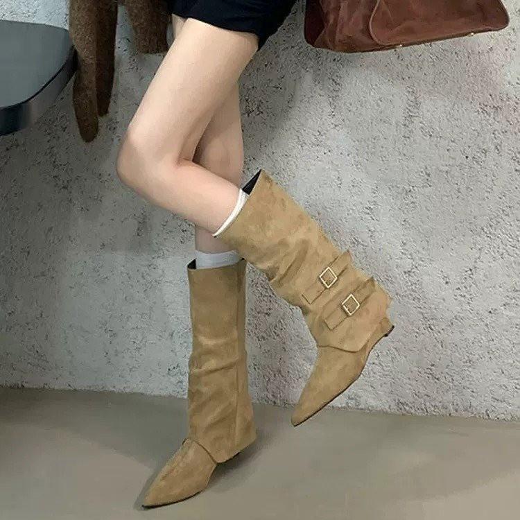 

Мода 2025Винтажная замша Женские брюки Широкие сапоги Модный ремень Пряжка Обувь слипоны Осень Зима Клиновидный каблук Женские длинные ботильоны 39 абрикосовый
