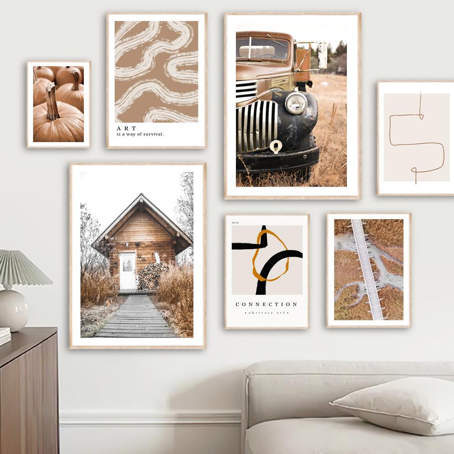 Schilfpflanzen Strand Boho Abstrakt Linien Kürbis Poster und Drucke Beige Wandkunst Leinwandmalerei für Wohnzimmer Heimdekoration