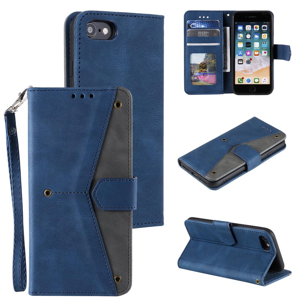 For iPhone 16e Leather Case Splicing Stitching Wallet Phone Cover with Wrist Strap