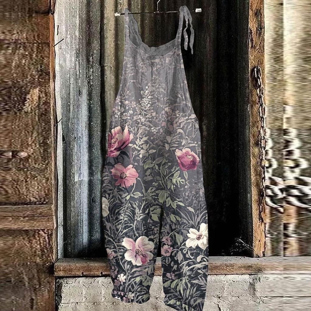 Women's Jumpsuit Floral Print Casual Loose Vintage Shoulder Strap Cotton Linen