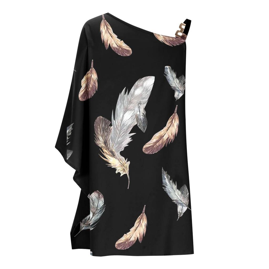 Women's Sexy Off-the-Shoulder One Strap Sloping Shoulder Printed Midi Dress
