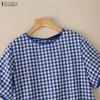 ZANZEA Women Grid Print Casual Round Neck Loose Short Sleeve Blouse