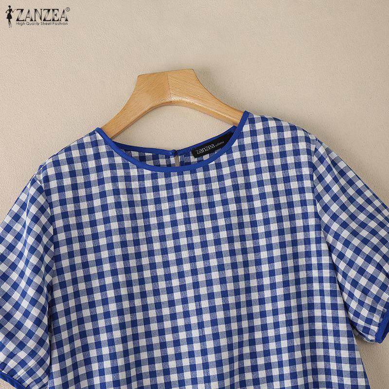 ZANZEA Women Grid Print Casual Round Neck Loose Short Sleeve Blouse