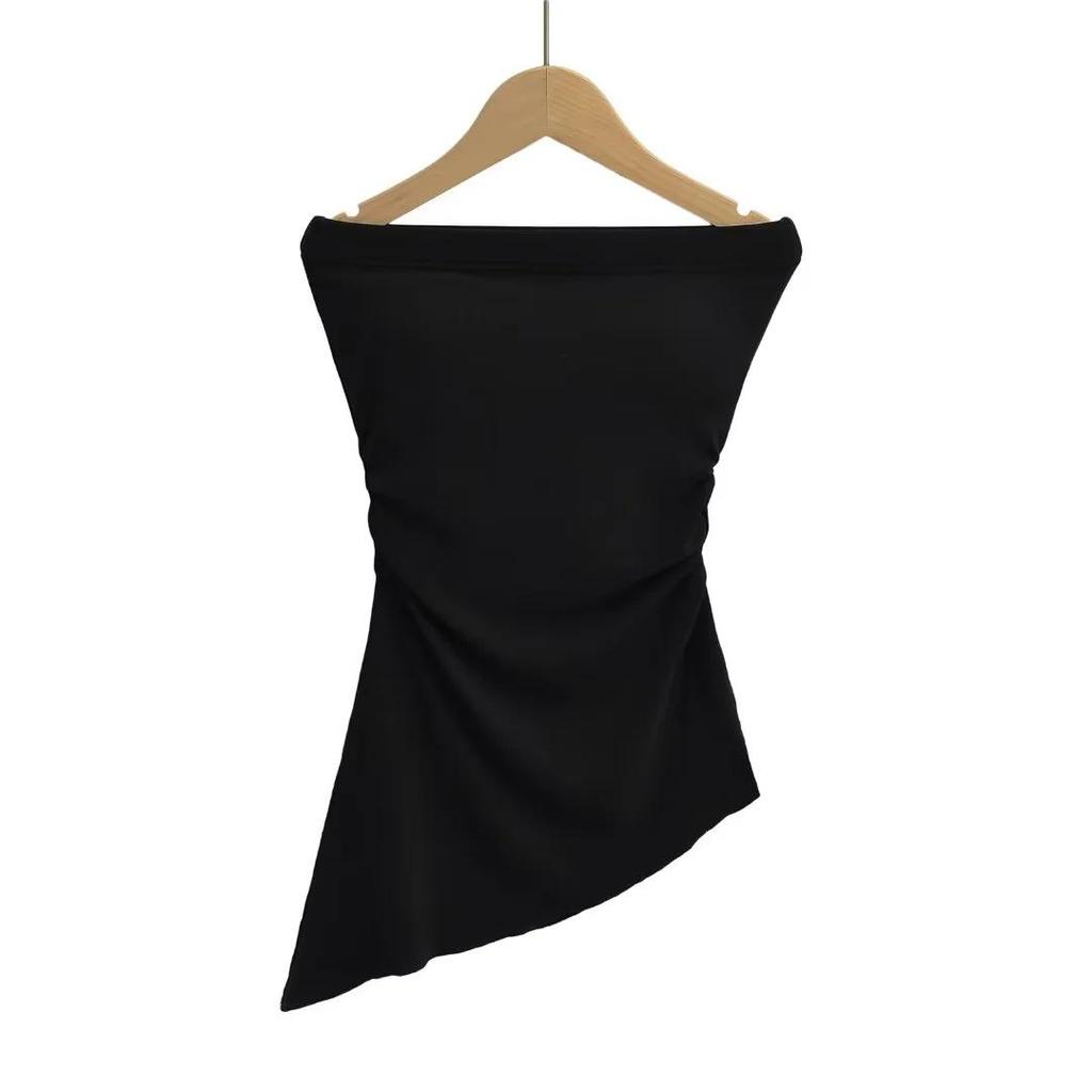 Irregular Slit Padded Bandeau Summer Top with Ruched Waist