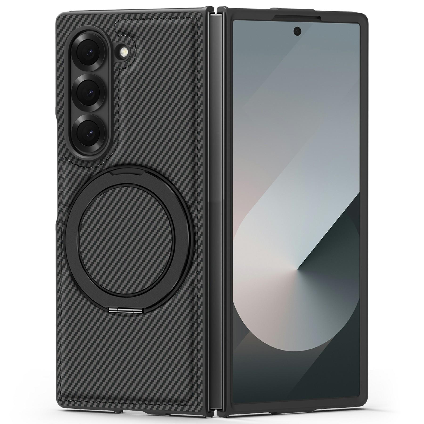 

For Samsung Galaxy Z Fold6 5G Magnetic Case Carbon Fiber Texture PU+TPU Kickstand Phone Cover Black