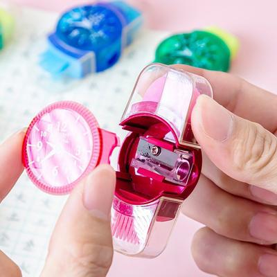 Yousheng 6Pcs Student Pencil Sharpener 3 In 1 Watch Shape Random Colors Pencil Cutter with Reel Eraser Brush