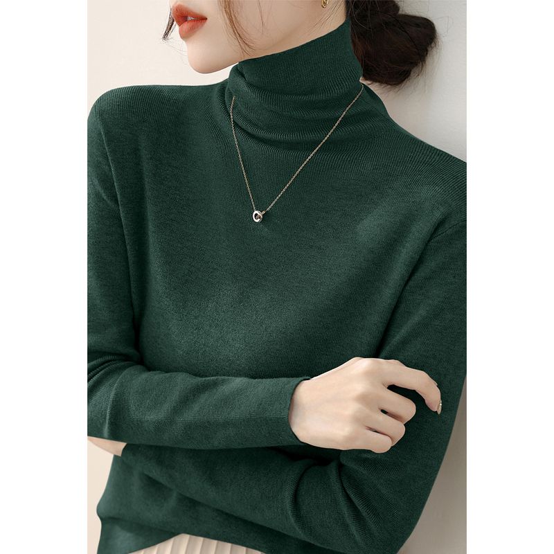 High-Grade Slim fit Pullover Pea Green Inner wear Base Women clothes Simple Pile Collar Spring Long sleeve Knit Top