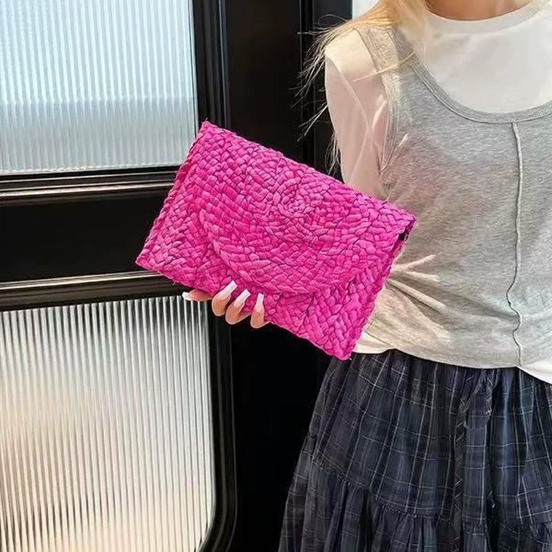 Fashion Beach Purse Women Summer Beach Bag Envelope Woven Clutch Solid Color Large Capacity Storage Bag Corn Husk Straw Hand Bag