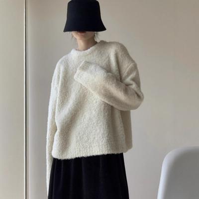 Circle Yarn Solid Color Crew Neck Pullover Sweater Women's Autumn and Winter New Loose Lazy Wind Knitted Sweater