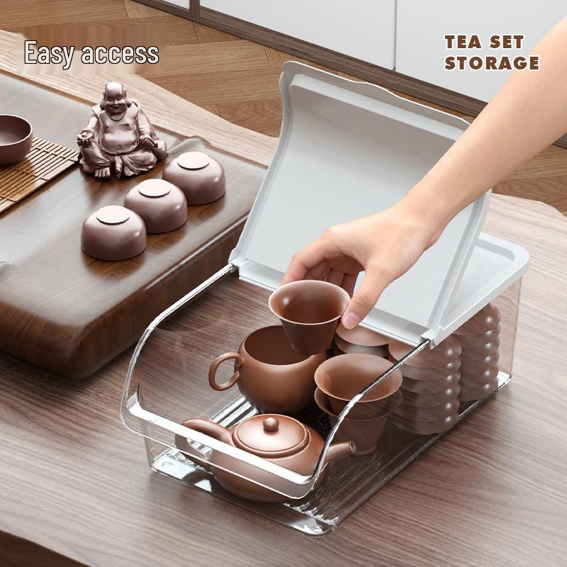 White Transparent Tea Set Storage Box with Lid - Dustproof, Moisture-Proof Kitchen Countertop Organizer