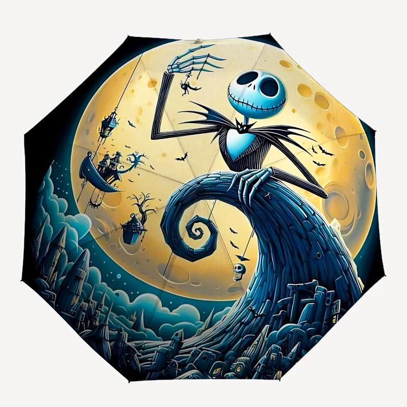 1 Auto Open Jack Skellington, Full Moon Themed Colorful 8 rib Portable Umbrella for Men and Women, A Compact Commuting Companion Suitable fo