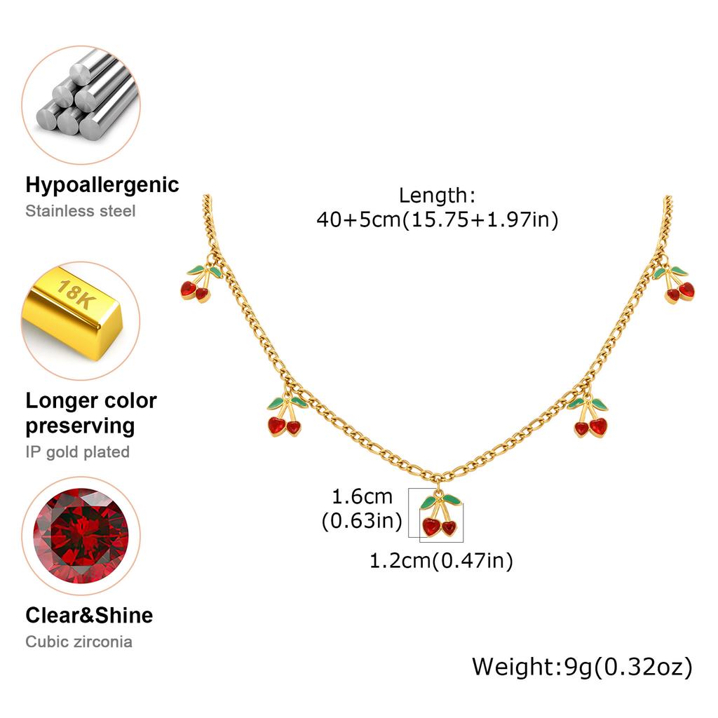 Cherry Necklace Red Zircon Fruit Charm for Women Cuban Chain Stainless Steel 18K Gold Plated Waterproof Summer Beach Y2K Jewelry