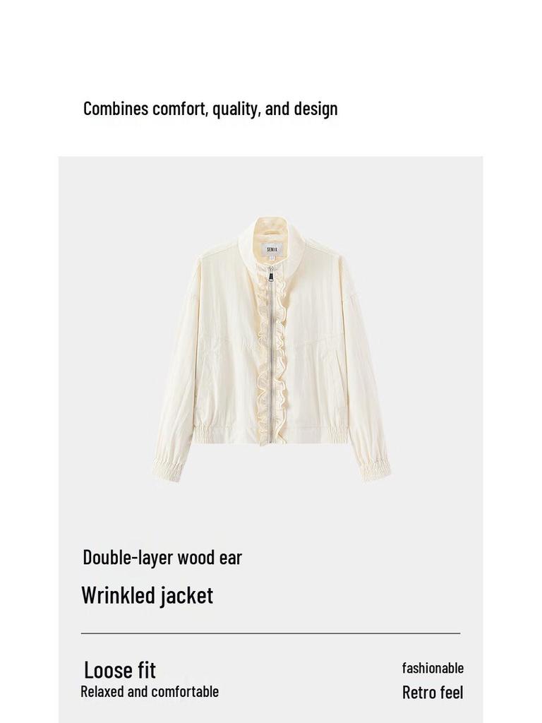 Semir Women's Autumn Textured Ruffle Trim Curved Sleeve Jacket