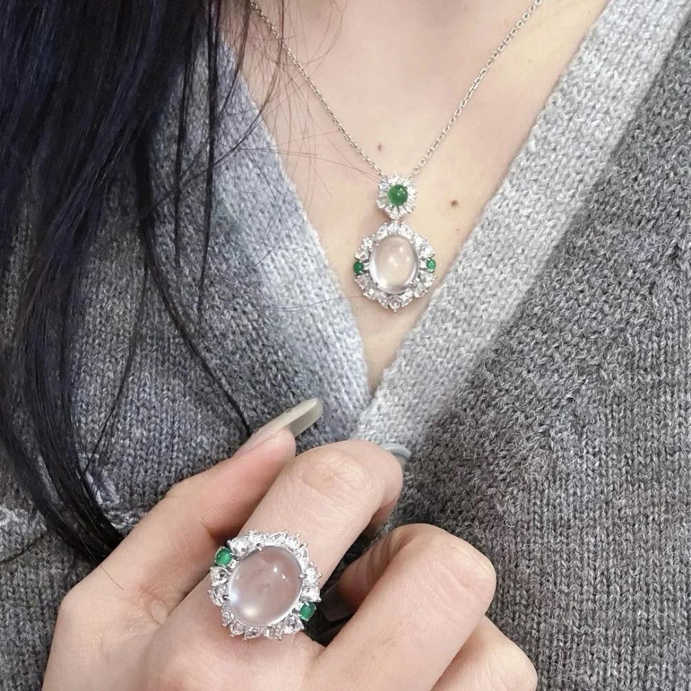 Natural Ice Chalcedony Round Green Flower Necklace New In Chinese Style Vintage Pendant Collar Chain Wedding Zircon