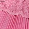 ZANZEA Women Casual Round Neck Short Sleeve Lace Patchwork Dress