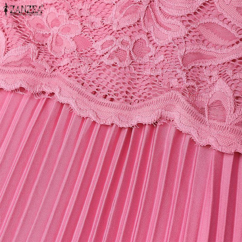 ZANZEA Women Casual Round Neck Short Sleeve Lace Patchwork Dress