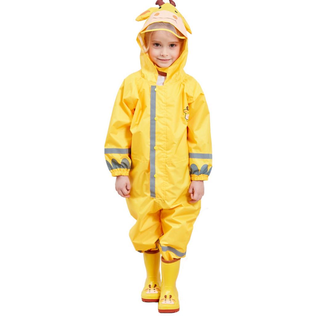 Children's Waterproof One-Piece Rain Suit Hooded Raincoat Cartoon Design Full Body Protective Rainwear for Outdoor Use
