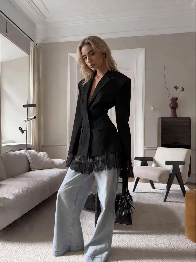 Chic European & American Women's Designer Black Lace Patchwork Slim Fit Blazer