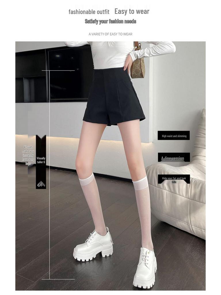 Summer 2024 Women's Black High-Waisted Wide-Leg Shorts: Slimming, Versatile, Casual Bootcut Design