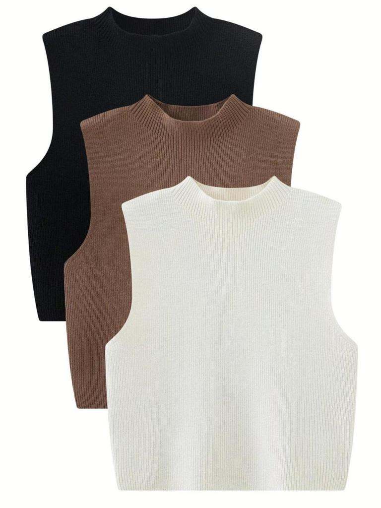 Women's Slim-Fit Sleeveless Knit Vest with Half-High Collar