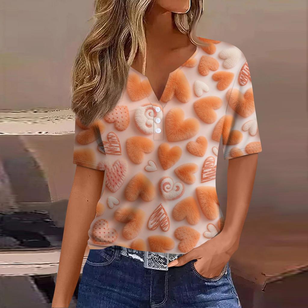 Women's Fashion Casual V,Neck Short,Sleeve T,Shirt With Decorative Buttons And Valentine's Day Print Top