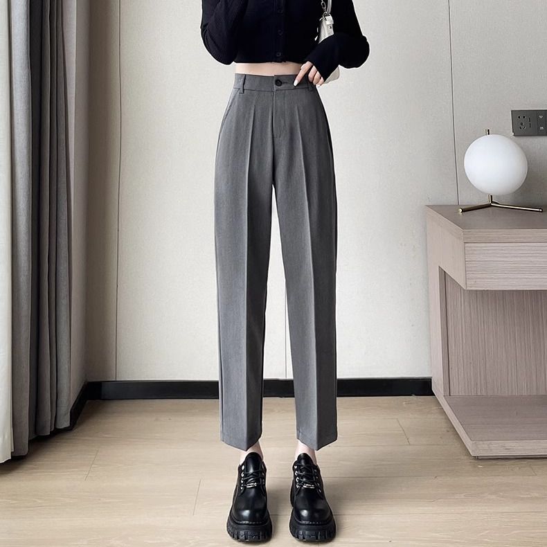 

Весна Осень Черный Элегантный Костюм Брюки Харен Женские Модные Эластичные Повседневные Брюки С Высокой Талией Женские Корейские Стильные Однотонные Офисные Женские Узкие Брюки 2XL серый