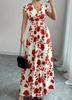 Women’s V Neck Floral Print Maxi Dress with Short Sleeves and Elastic Waist Summer Casual A Line Long Dress for Daily Wear